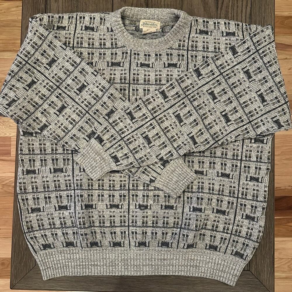 Men's St. John Bay Gray Pattern Long Sleeve Cotton Blend Knit Sweater XL/L